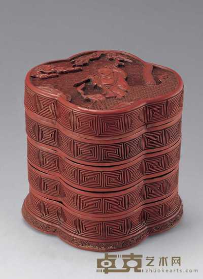清 剔红海棠式人物五节盒 高12.8cm